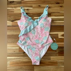 Caden Lane womens ruffled one piece swimsuit, Ocean Pearl